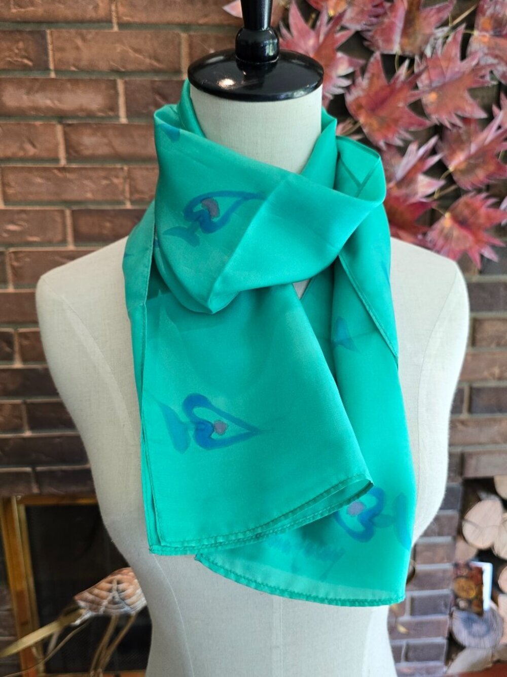 Wilma Foley (?) - Vintage Silk Scarf in Green / Teal & Abstract Pattern